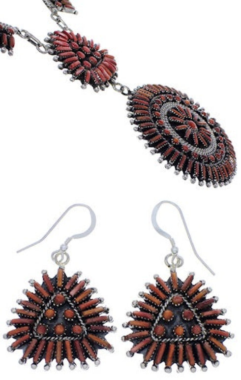 Silver Jewelry Red Oyster Shell Needlepoint Link Necklace Set PX37832
